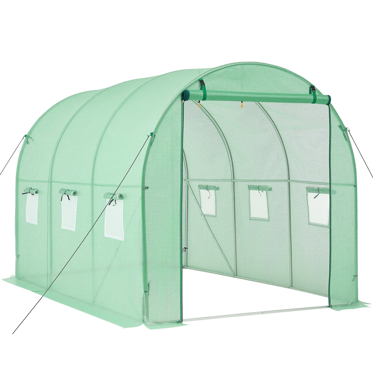 Walk-in Tunnel Greenhouse, 10 x 7 x 7 ft Hoop House Greenhouse Tunnel, Plant Hot House with 4 Nozzles, 26.25 ft Hose, Steel Frame, PE Cover, Roll-up Zipper Door and 6 Windows for Outdoors, Green