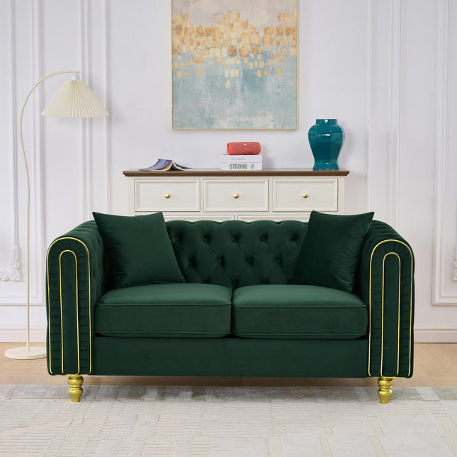 63' Modern Loveseat Sofa,2 Seater Couch Comfy Velvet Sofa Button Tufted Rolled Arms and Gold Legs,Chesterfield for Primary Living Space,Green