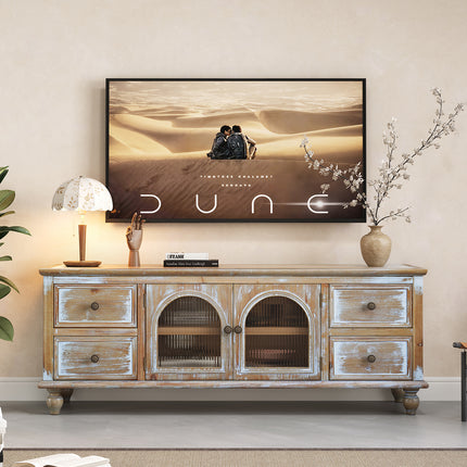 60' Farmhouse TV Stand with 4 Drawers & 2 Glass Doors, Rustic Wood Media Console, Distressed Entertainment Center for TV, Natural Antique White