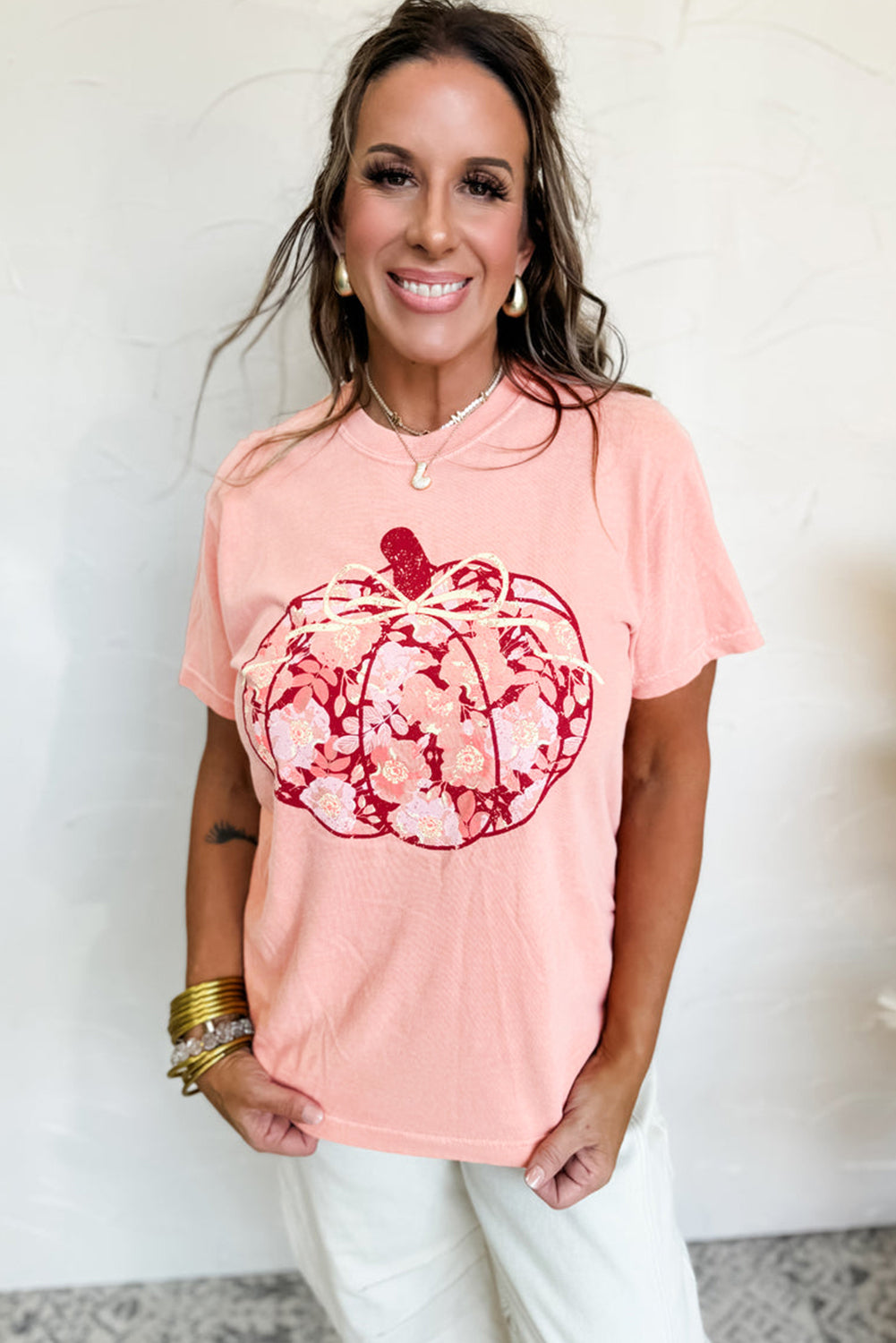 Pink Floral Pumpkin Print Crew Neck Casual T Shirt