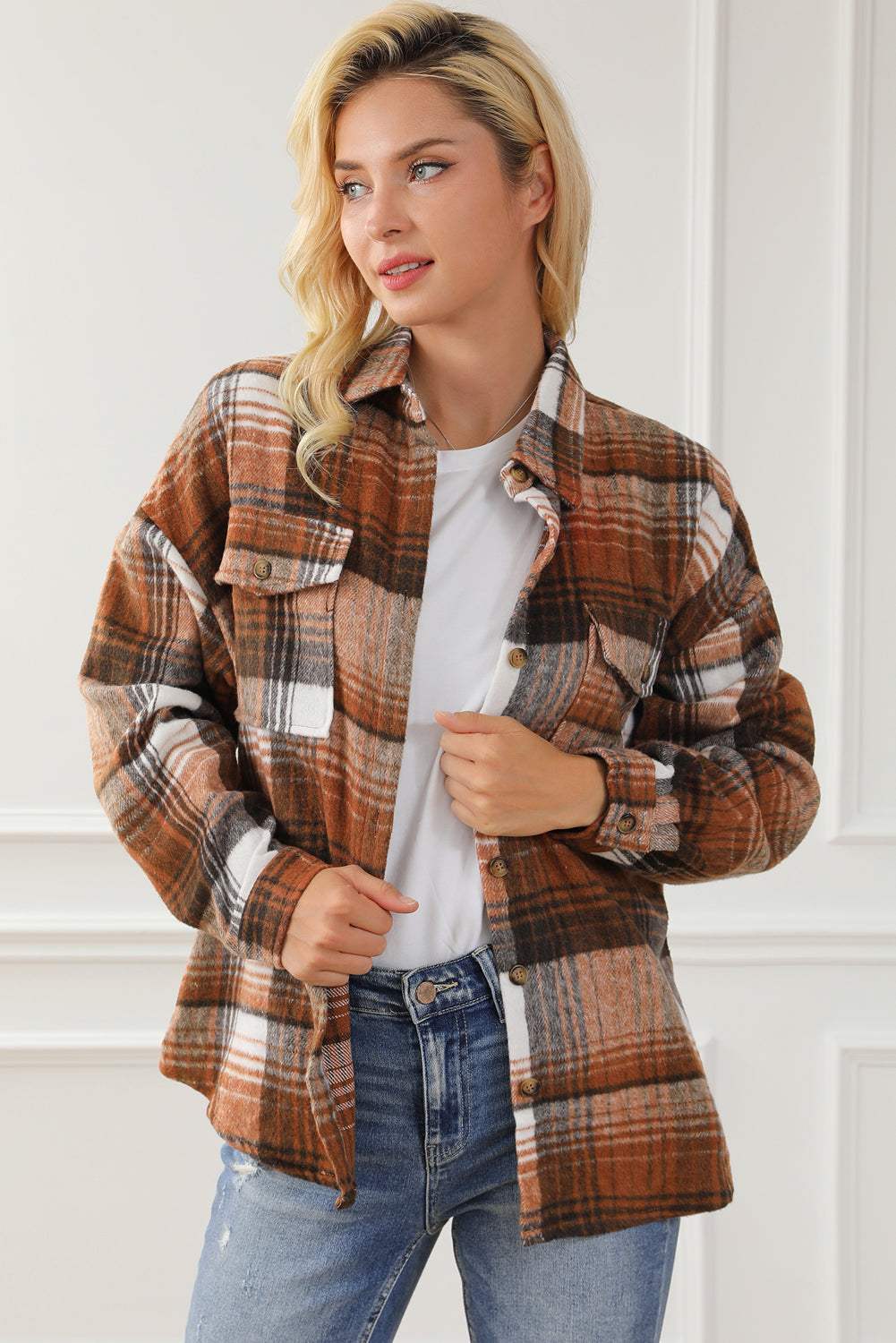 Pink & Grey Plaid Button Up Collared Flannel Shacket - Eloy Royal