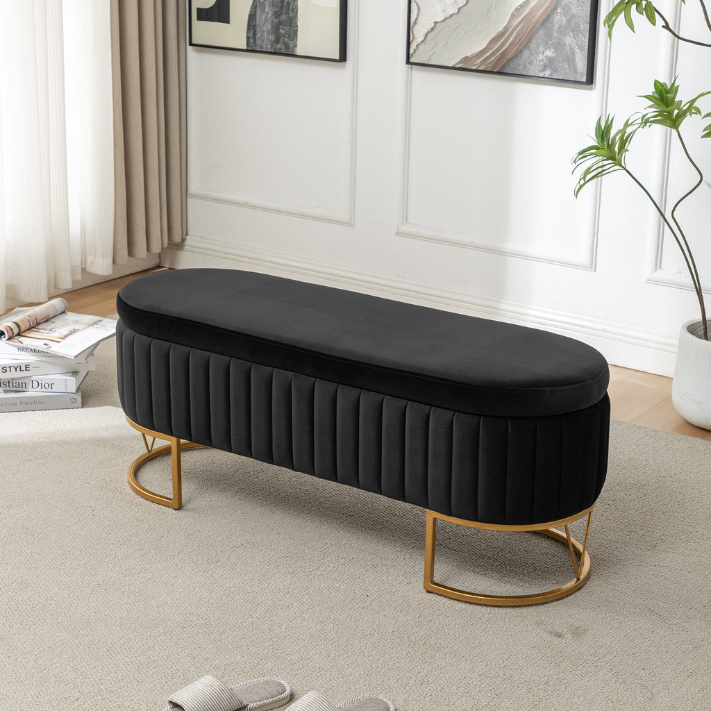 Sabrina Velvet Oval Storage Bench with Gold Legs, Black