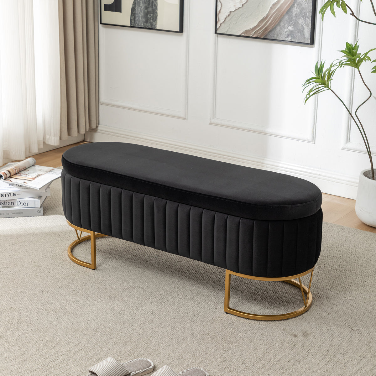 Storage Bench Bedroom Bench, Velvet Oval Upholstered End of Bed Bench with Golden Metal Legs, Modern Storage Ottoman Bench for Bedroom, Living Room, Entryway,Window,Black
