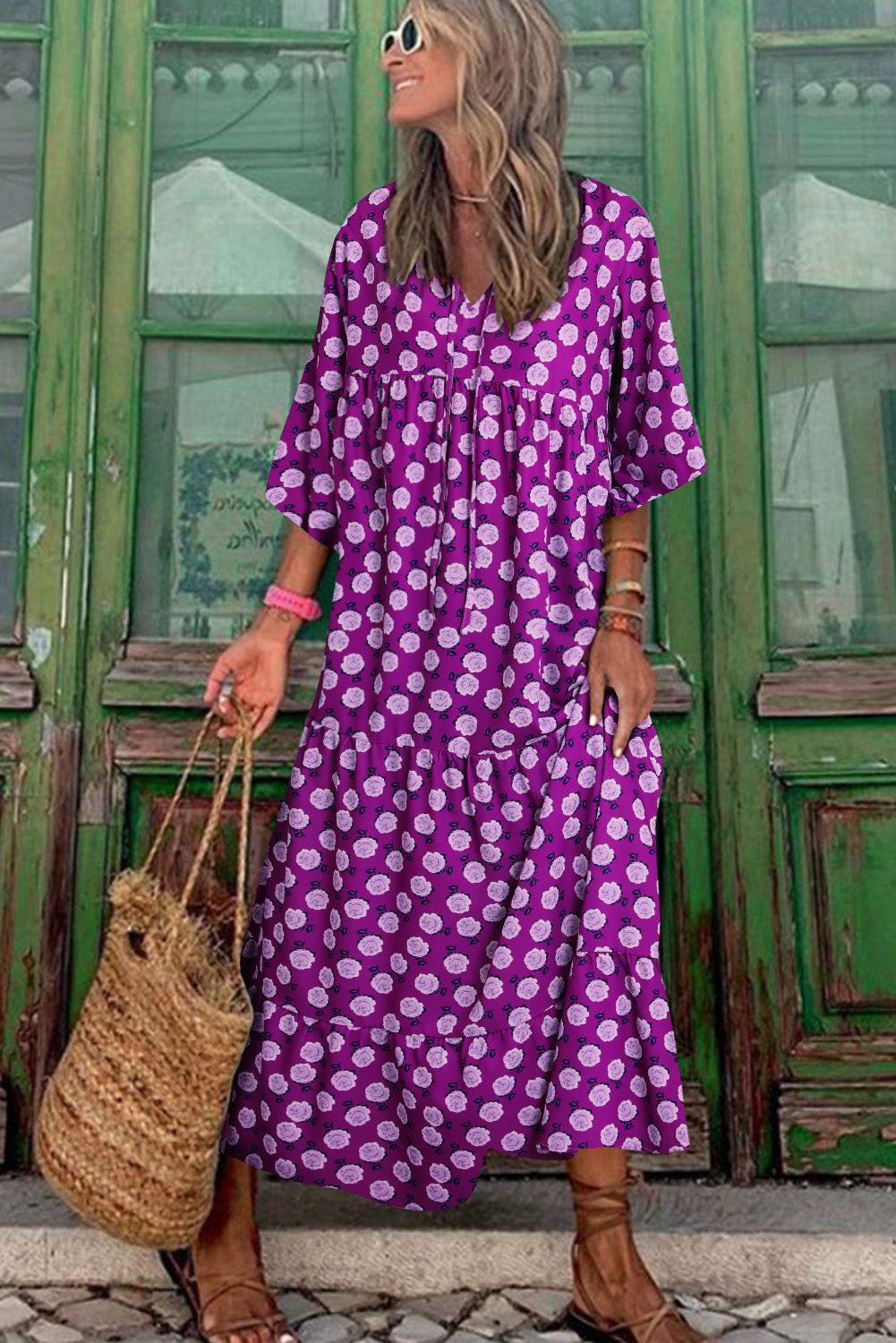 Purple Boho Printed V Neck Puff Sleeve Maxi Dress - Eloy Royal