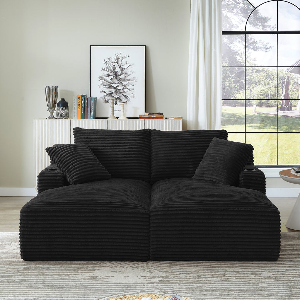 Compressible double chaise lounge with cupholders - No Assembly Required, Fluffy Modern Sleeper Loveseat for Indoor Living Room Bedroom Reading