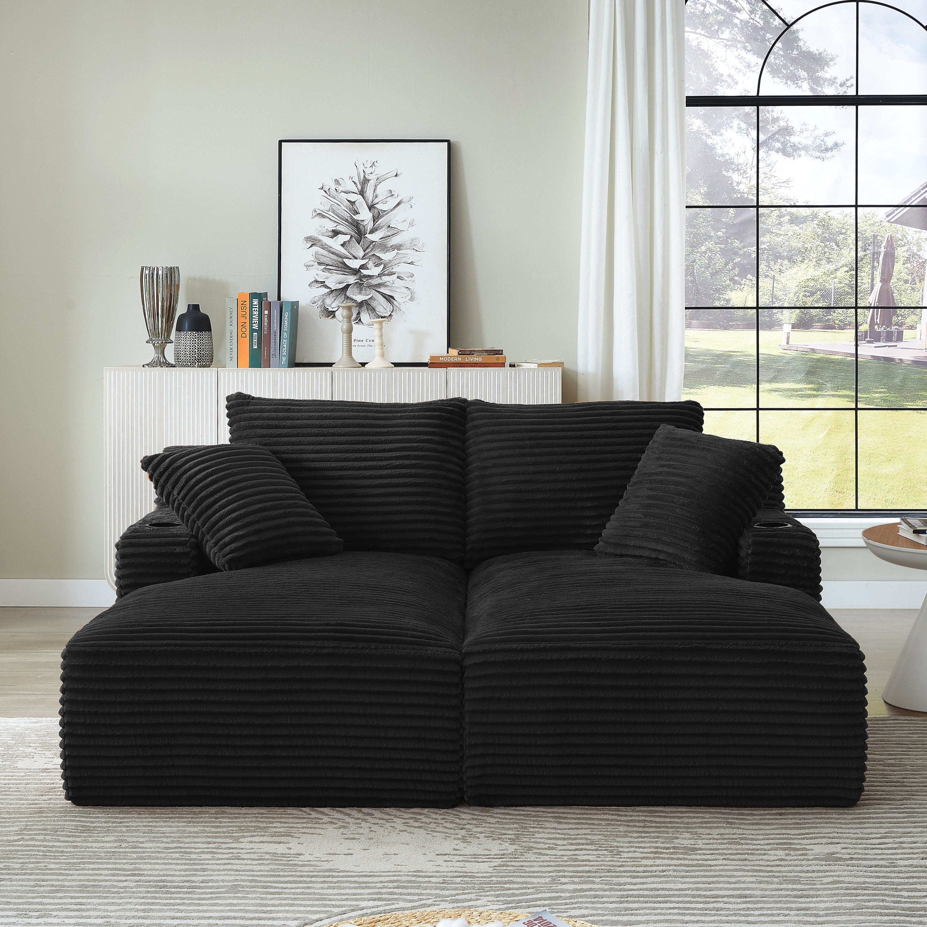 Compressible double chaise lounge with cupholders - No Assembly Required, Fluffy Modern Sleeper Loveseat for Indoor Living Room Bedroom Reading
