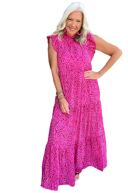 Rose Red Leopard Print Ruffle Sleeveless Maxi Dress - Eloy Royal