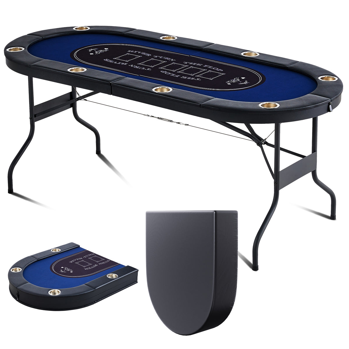 8 Player Foldable Poker Table, Blackjack Texas Holdem Poker Table with Padded Rails and Stainless Steel Cup Holders, Portable Folding Card Board Game Table, 72' Oval Casino Leisure Table, Blue
