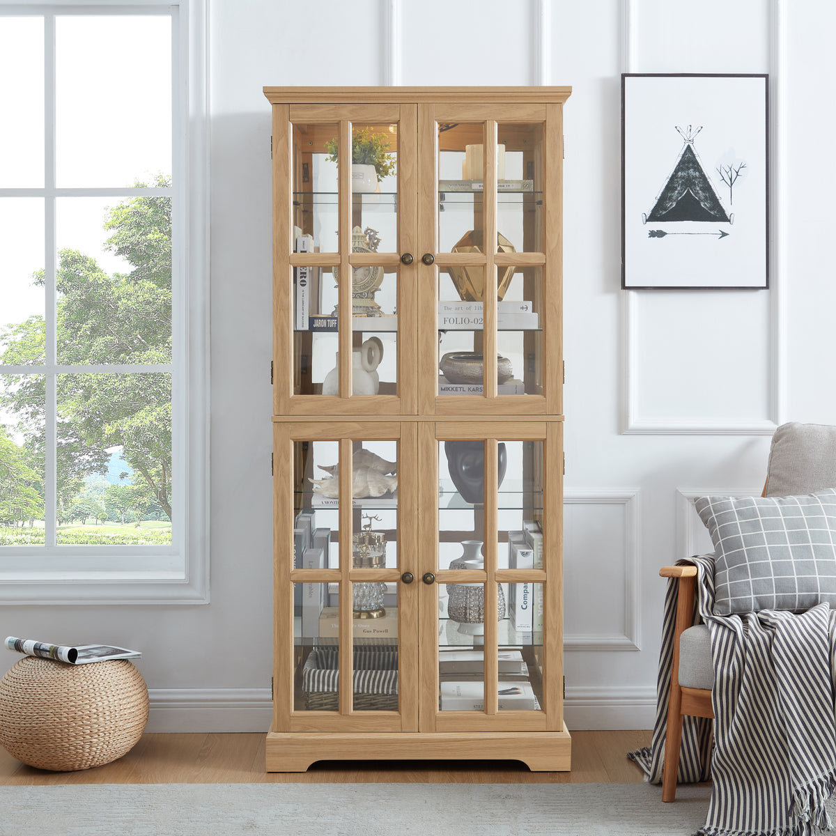 Curio Display Cabinet,Antique Display Cabinet with Glass Doors Adjustable Shelves for Collectibles Four Door Design Vintage Showcase for Home or Office Antique Display Case E26 Bulb Included  OAK