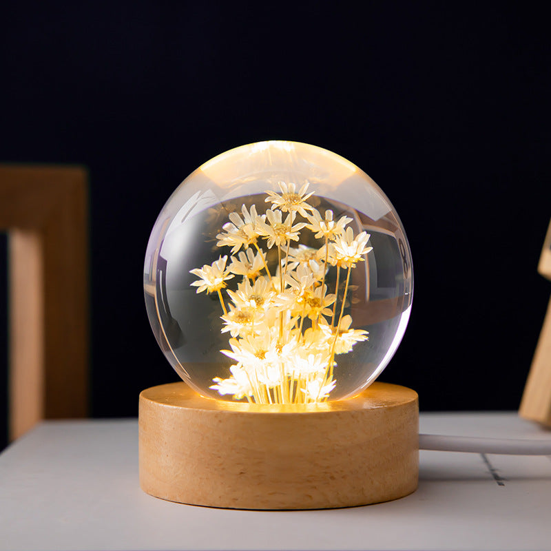 LED Night Light Flower Crystal Ball Children Night Lamp With Woodern Base Bedroom Ambient Light Creative Gift Night Light - Eloy Royal