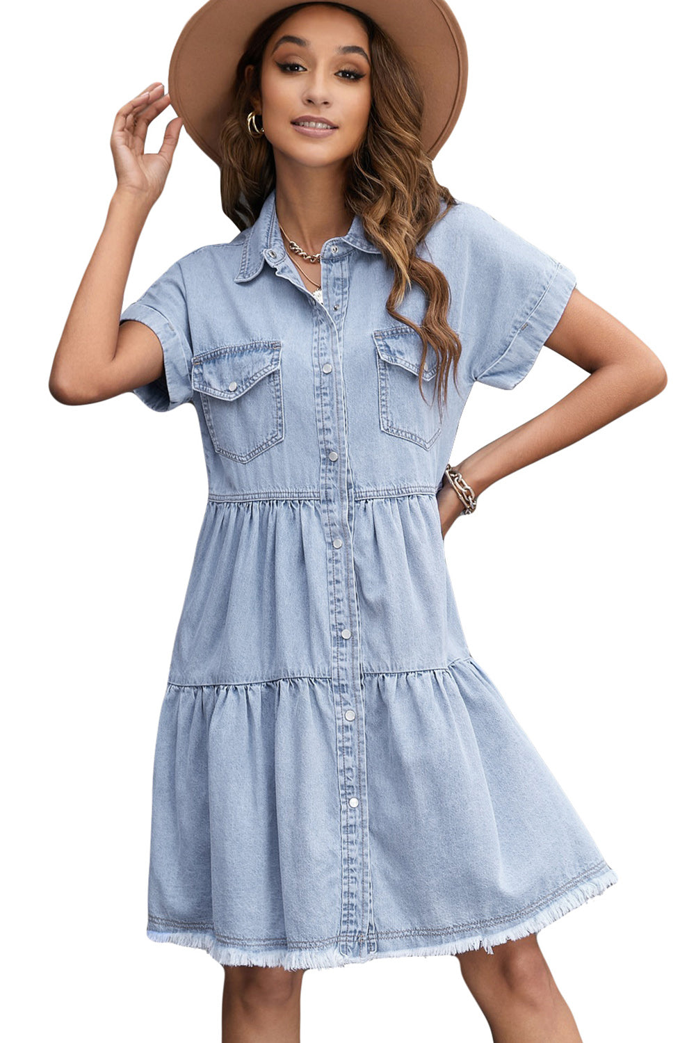 Blue Button Up Short Sleeve Denim Shirt Dress - Eloy Royal