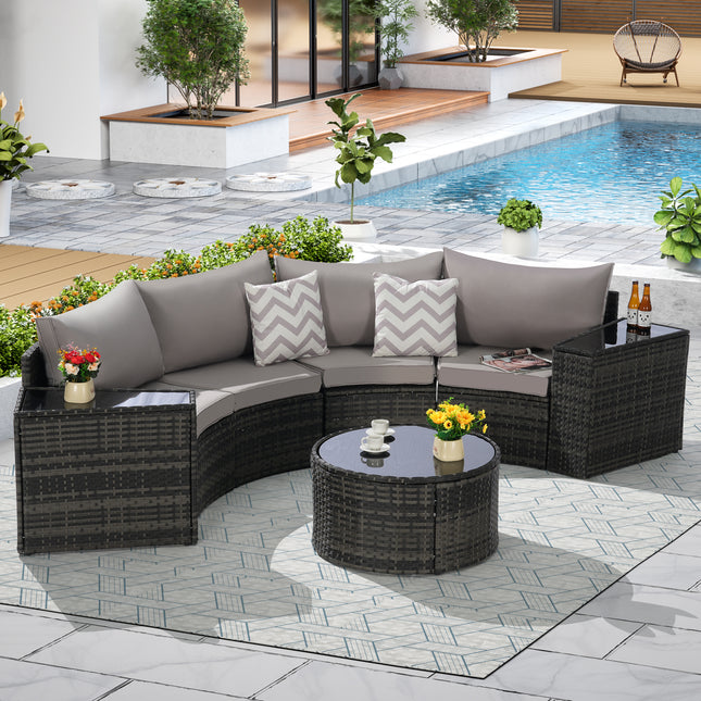 Outdoor Patio Furniture 7-Piece Half-Moon Sectional Round Patio Furniture Set Sofa with