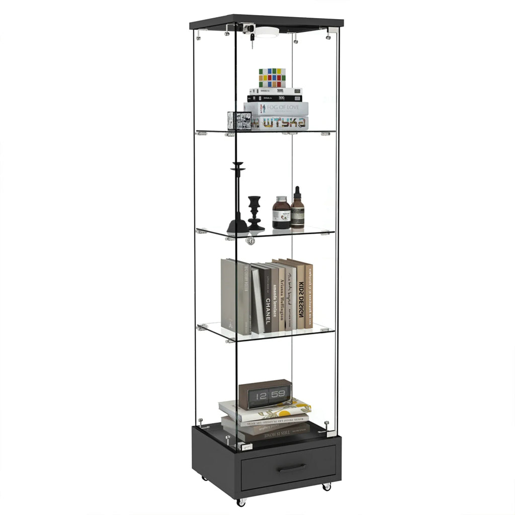Modern Glass Display Cabinet with Drawer , Quick-assembly Antique Cabinet with LED lights, Tempered Glass Bookshelf, 1-Door Storage Case with 4 Shelves for Living Room and Bedroom, black - Eloy Royal