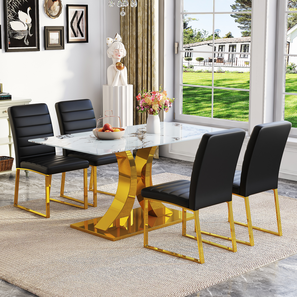 Marble patterned tempered glass dining chair set (gold decoration): 63 inch dining table+4 modern minimalist style dining chairs