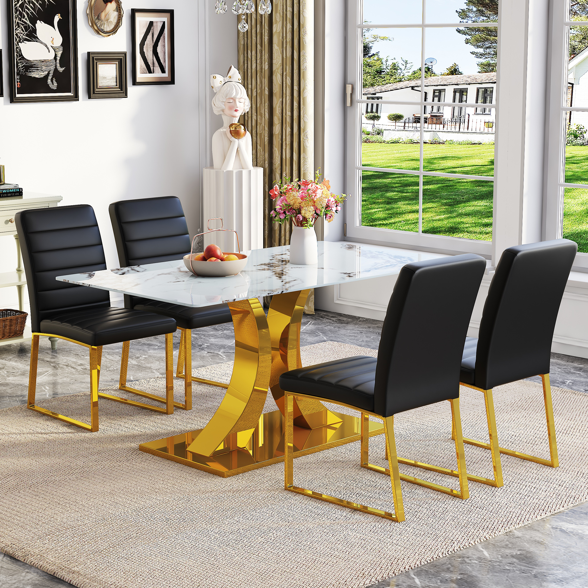 Marble patterned tempered glass dining chair set (gold decoration): 63 inch dining table+4 modern minimalist style dining chairs