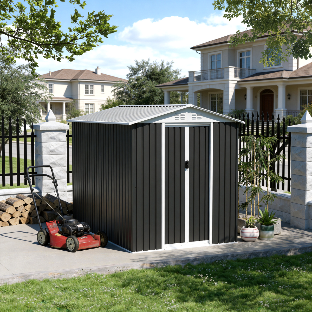 6x9 FT Metal Garden Shed with Vents Sliding Door Apex Roof Storage Sheds Patio Backyard Use