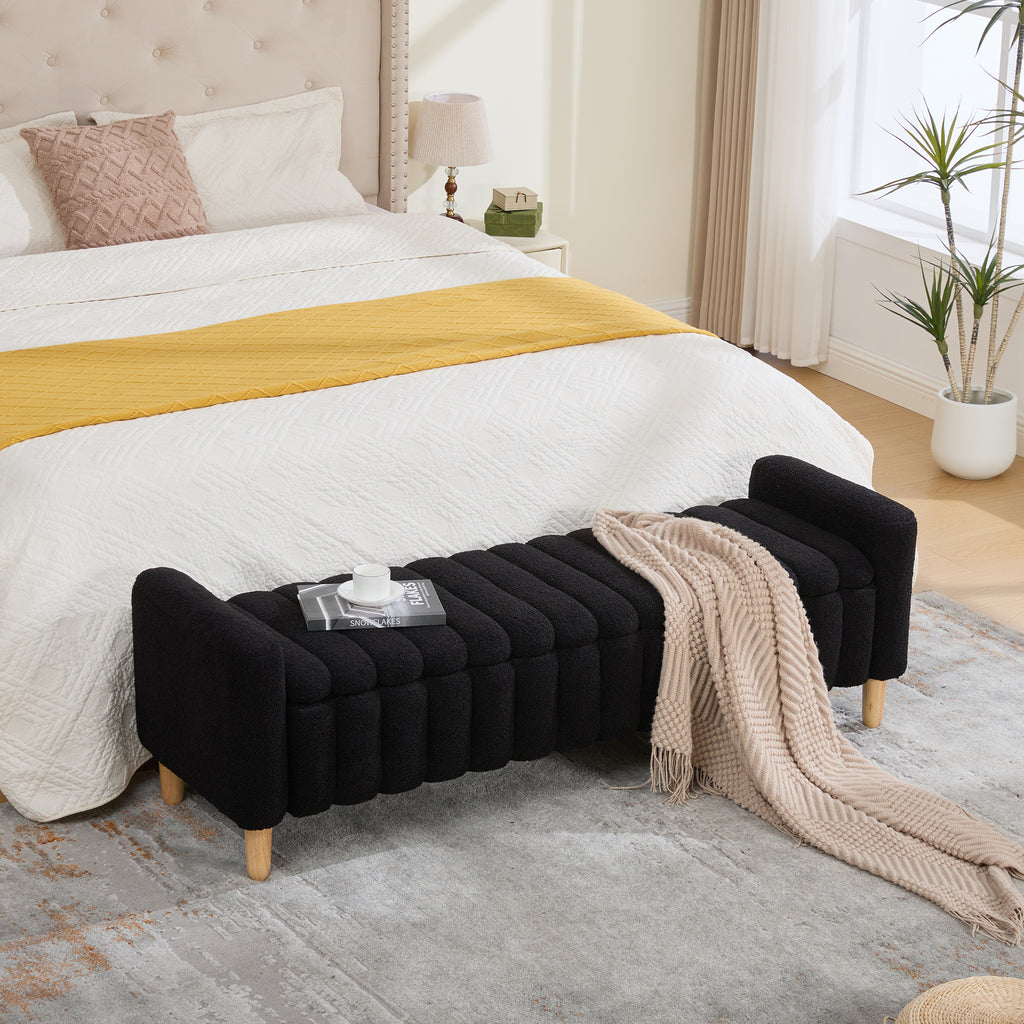 63.4'W Modern Upholstered End of Bed Bench, Wave Channel Tufted Flip-Top Storage Accent Window Footrest Stool with Armrests & Solid Wood Legs For Bedroom Entryway, Dining Room, Living Room, Black