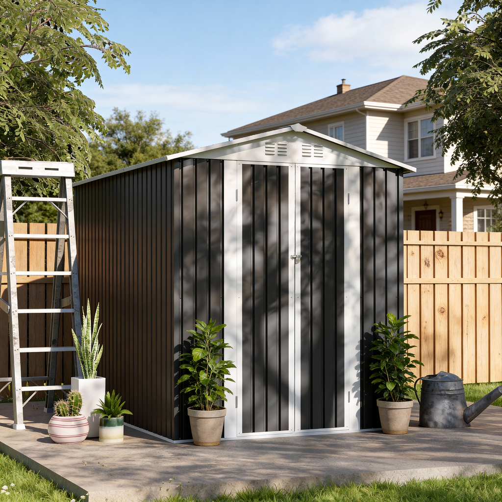 6x9 FT Metal Garden Shed  with Hinge Door Grey Outdoor Tool House Apex Roof
