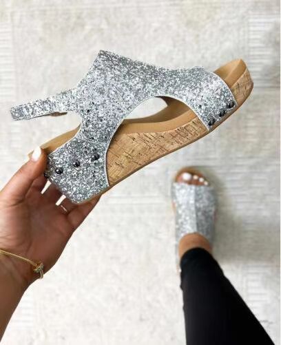 Summer Chunky Wedges Sandals Fashion Sequins Velcro Shoes Women - Eloy Royal