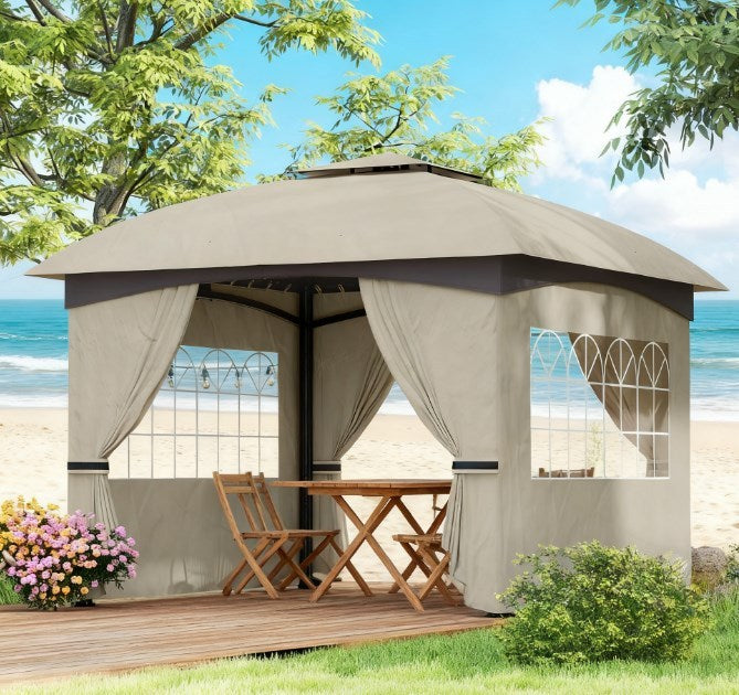 Double Roof Patio Gazebo,Elegant Design Gazebo,with Curtains,Church Windows,for Outdoor
