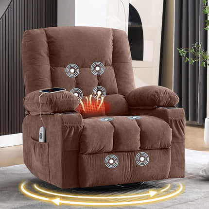 Massage Swivel Rocker Recliner Chair with Vibration Massage and Heat Ergonomic Lounge Chair for Living Room with Rocking Function and Side Pocket, 2 Cup Holders, USB Charge Port