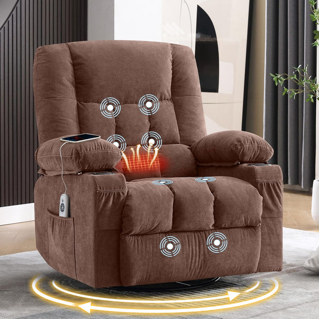 Massage Swivel Rocker Recliner Chair with Vibration Massage and Heat Ergonomic Lounge Chair for Living Room with Rocking Function and Side Pocket, 2 Cup Holders, USB Charge Port