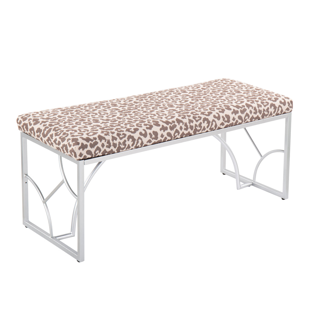 Contemporary Bench in Silver Metal and Beige Leopard Fabric