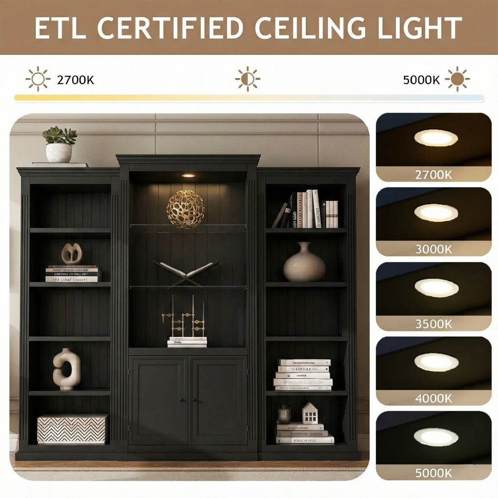 78.75'' Tall 3-Pieces Bookcase, Display Cabinet with 5 Colors Adjustable LED Ceiling Light, Retro style Bookshelves with tempered glass shelves for Living Room, Office, Studio or Workspace, Black - Eloy Royal