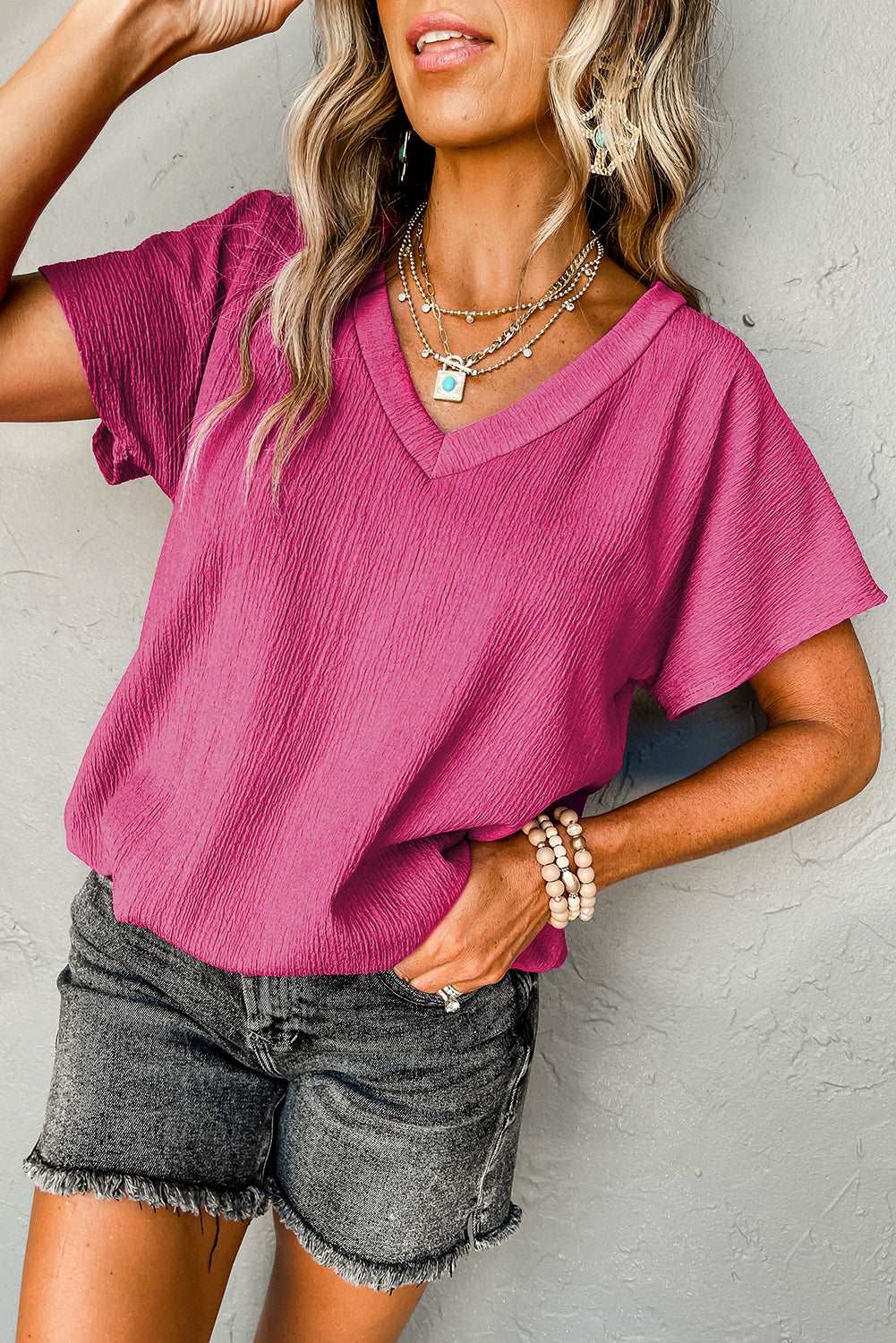 Black Plain Crinkled V Neck Short Sleeve Blouse