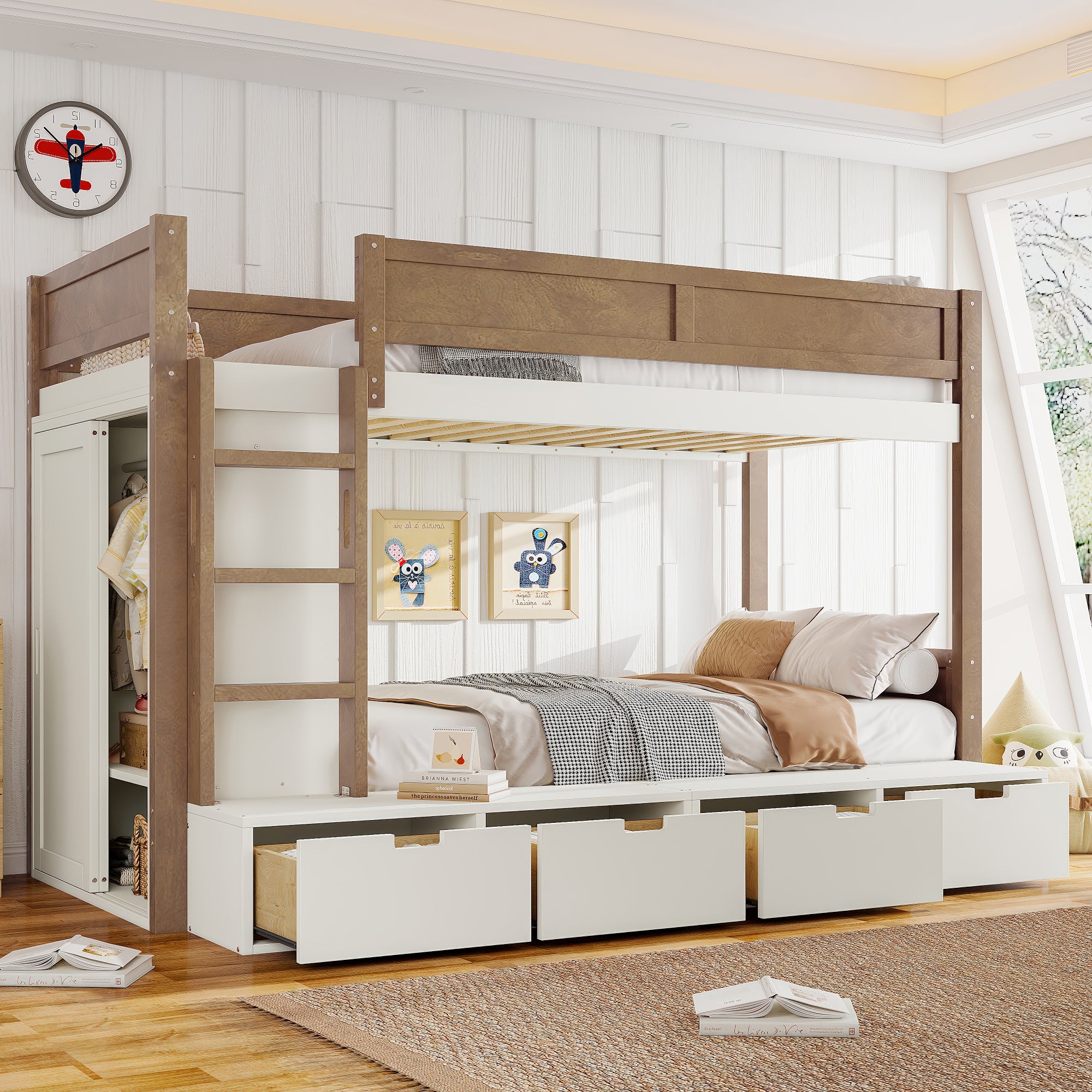 Twin over Twin/Twin XL over Full Bunk Bed with 4 Storage Drawers, Solid Wood Bunk Bed with Built-in Wardrobe and Full-length Guardrails, No Box Spring Needed, Beige & Natural