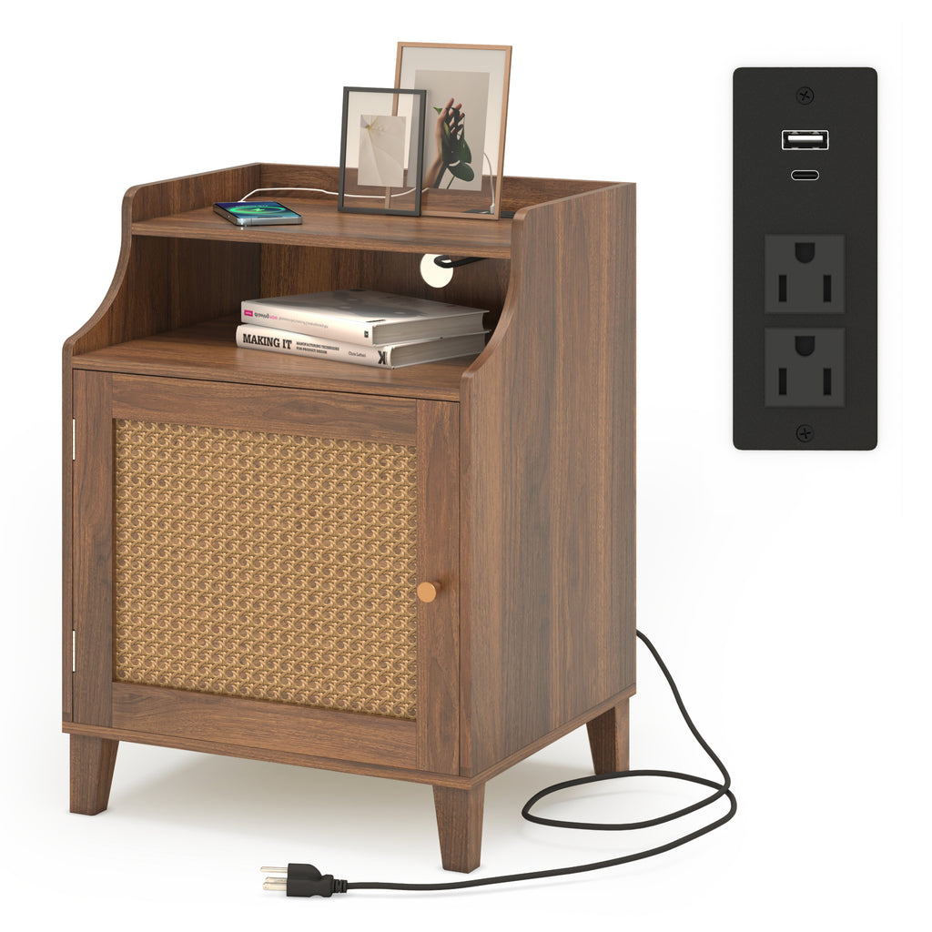 Farmhouse Nightstand with Charging Station Bedside Table with Rattan Door&Adjustable Shelf, Wood Couch Side Table End Table for Bedroom, Walnut