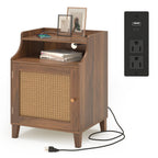 Farmhouse Nightstand with Charging Station Bedside Table with Rattan Door&Adjustable Shelf, Wood Couch Side Table End Table for Bedroom, Walnut