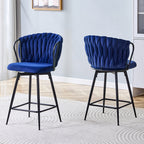 Set of 2 Modern Velvet Braided Bar Stool with Metal Frame, Upholstered Counter Height Stool with Woven Rope Backrest for Kitchen Island, Home Bar or Dining Area – Blue