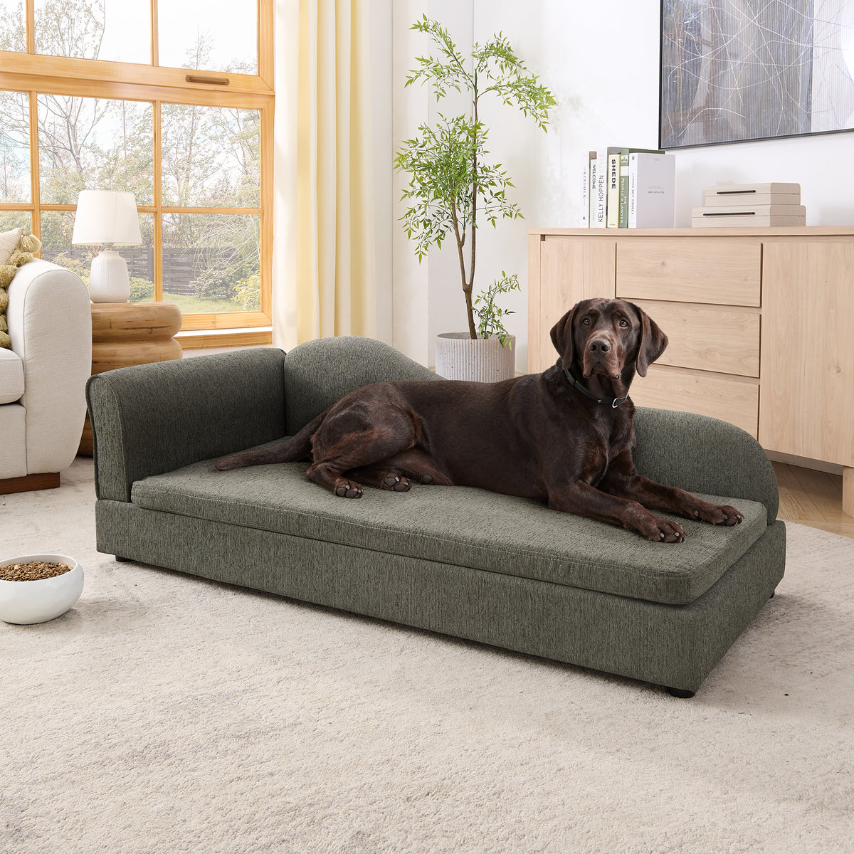 Oversized Pet Sofa for Medium/Large Dogs - Modern Irregular Wave Backrest, Single Armrest, Premium Breathable Linen Fabric, Soft Cushion & Low Plastic Feet-DARK GREY