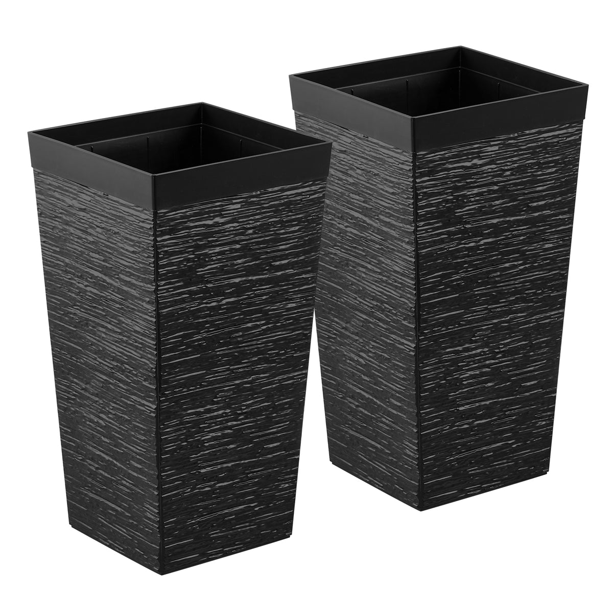 Tall Planters Set of 2, 23 Inch Large Outdoor Taper Planters for Outdoor Indoor Plants, Front Porch Plastic Modern Flower Pots with Casters, Inner Pot & Drainage Holes for Patio, Garden, Black