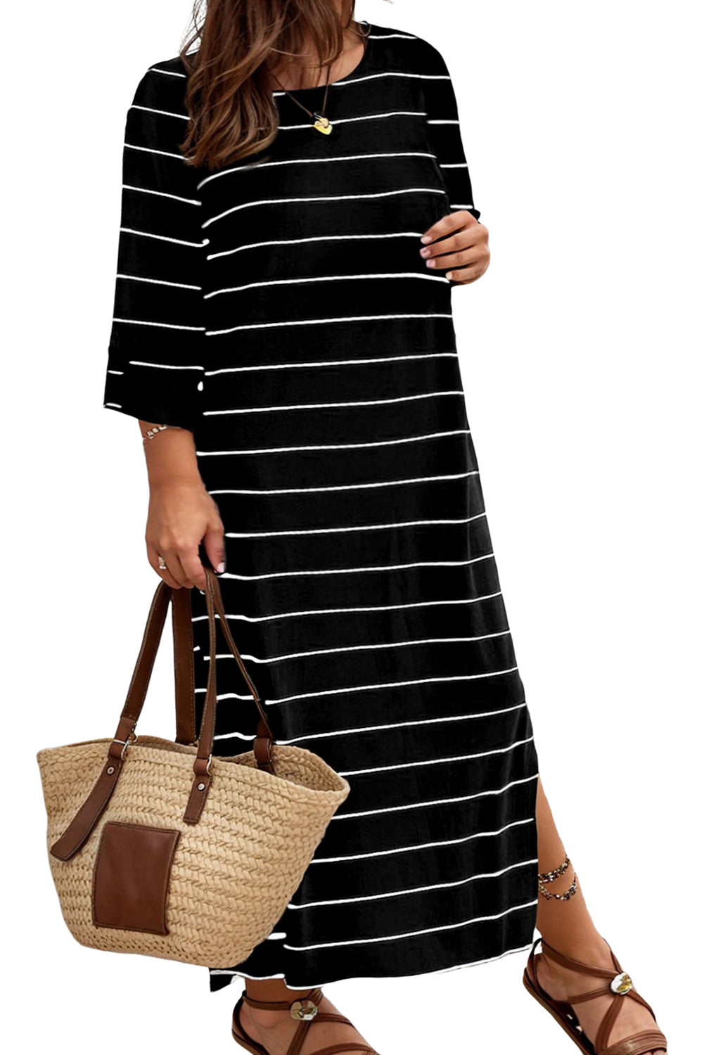 Black Plus Size Striped Loose Shift Maxi Dress - Eloy Royal