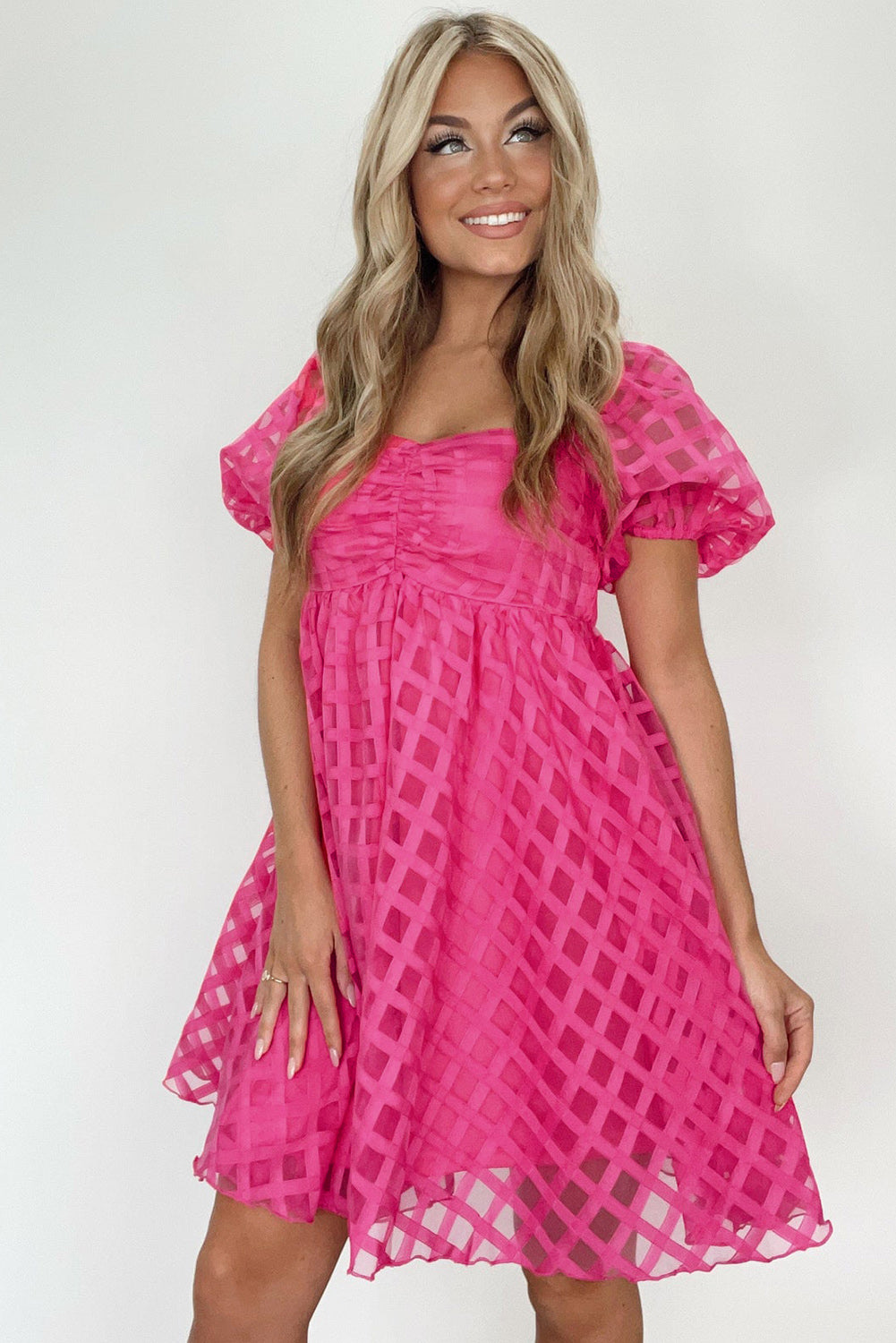 Strawberry Pink Checkered Puff Sleeve Babydoll Dress - Eloy Royal