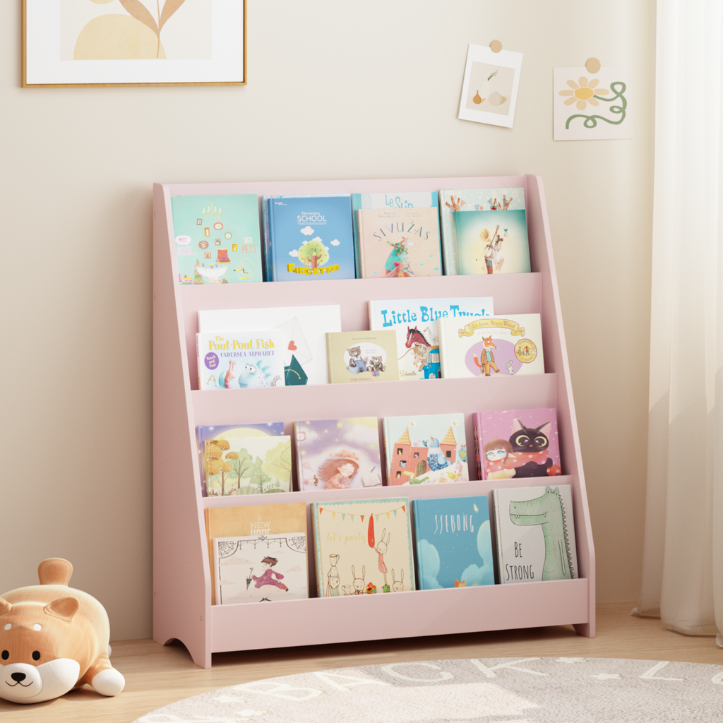 4-Tier Kids Bookshelf, Toddler Book Display Shelves, Helps Keep Bedrooms, Playrooms, and Classrooms Organized, MDF, Pink