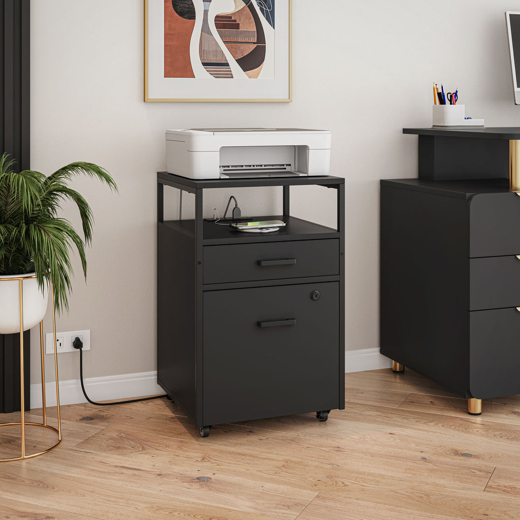 Modern Rolling 2-Drawer File Cabinet with Locking File Drawer, 2 USB Charging Ports & Power Outlet, and Locking Wheels, Black