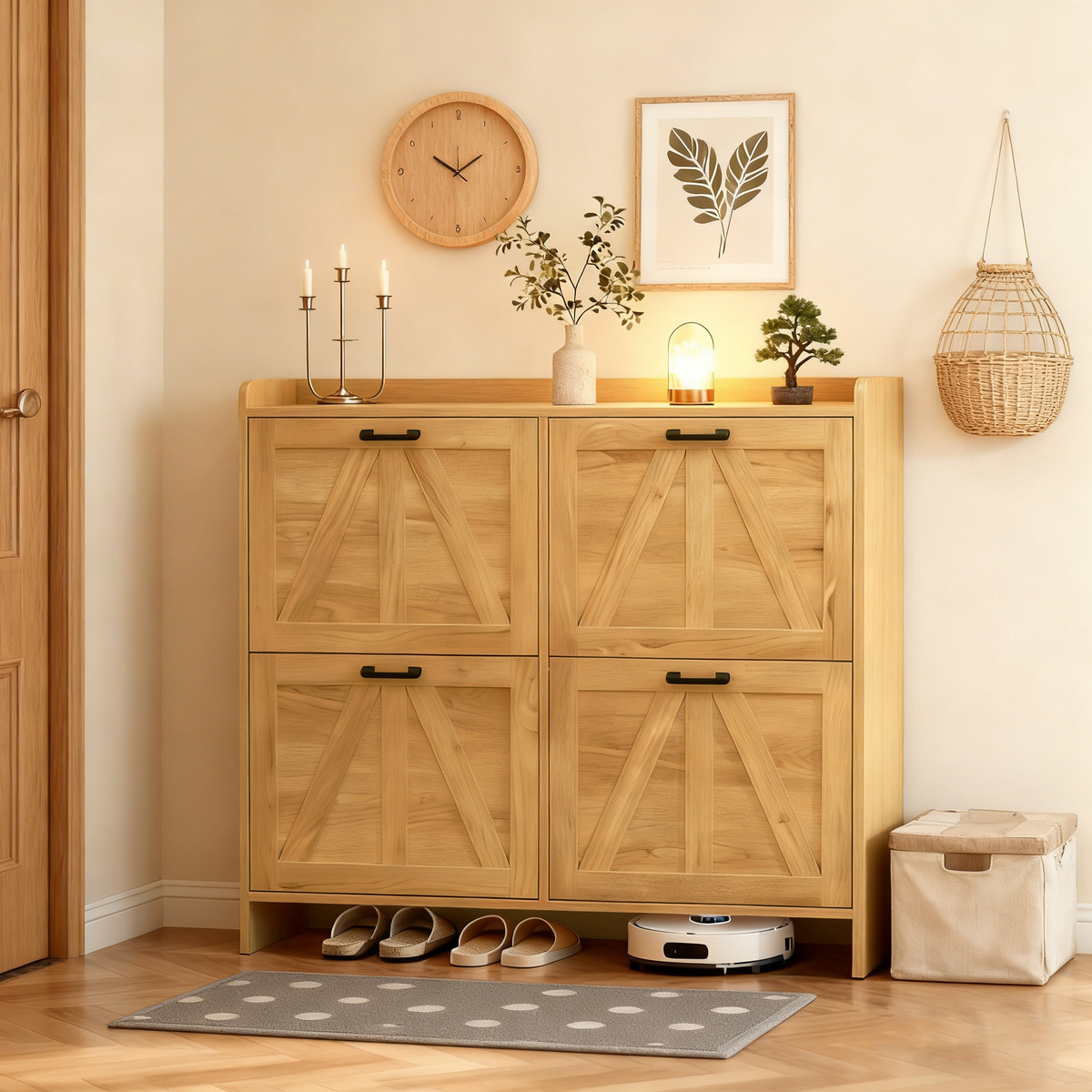 Light Oak Rustic Barn-Door Shoe Cabinet with 4 Flip Drawers, Sleek Space-Saving Entryway Organizer for Living Room