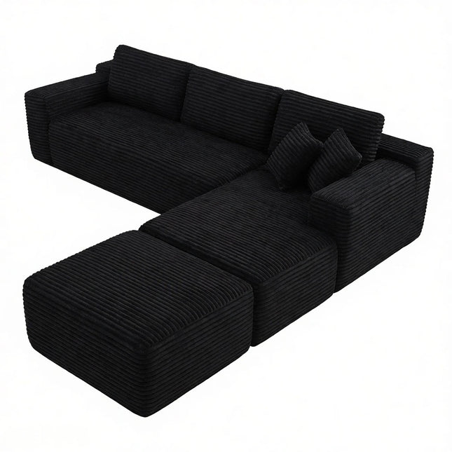 106.5' L-Shaped Corduroy Upholstered 3-Seat Lounge Sofa with Ottoman, Right Hand Facing