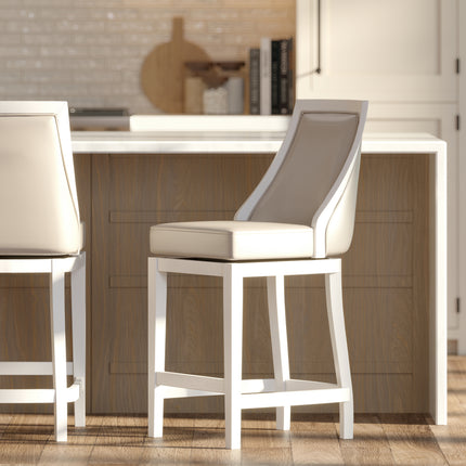 Swivel 26'H Counter-Height Bar Stool with Tall Back, White with Gray Faux-Leather Seat, 1PC