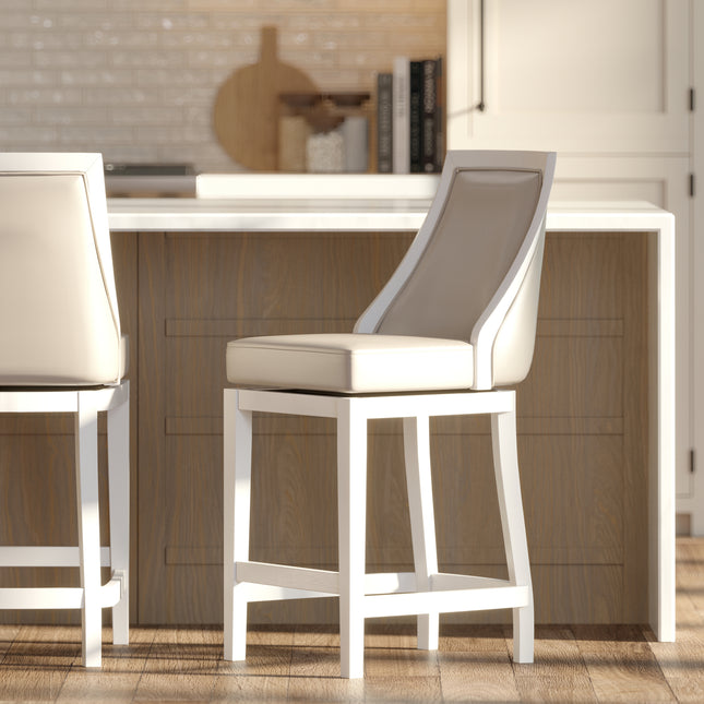 Swivel 26'H Counter-Height Bar Stool with Tall Back, White with Gray Faux-Leather Seat, 1PC