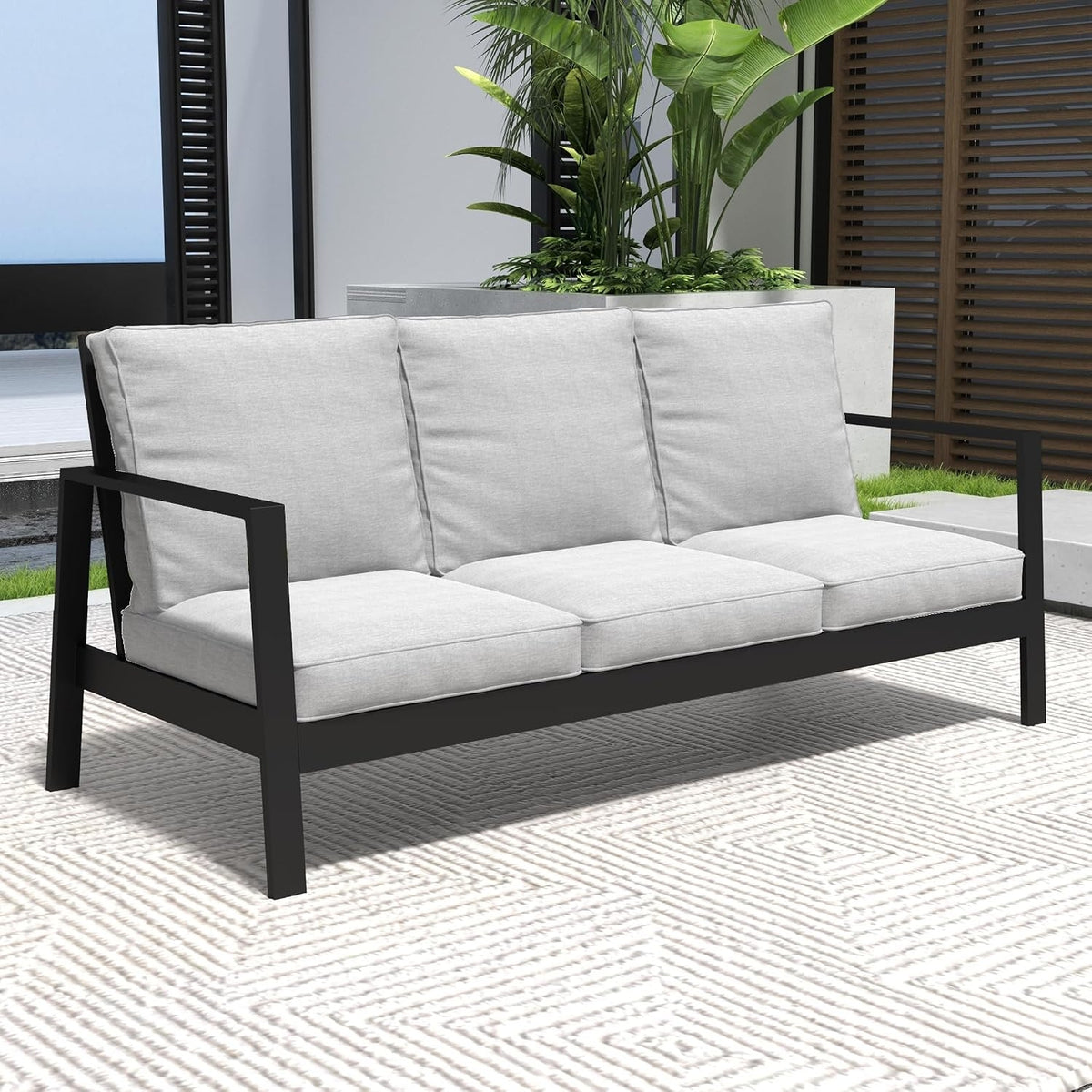Outdoor Patio Sofa, Water-Resistant Metal 3-Seat Outdoor Couch with 5 inch Thick Cushions, Outdoor Furniture for Deck Garden Poolside, Grey