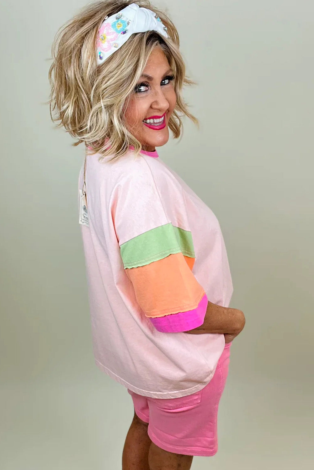 Pink Color Block Half Sleeve O Neck Plus Size T Shirt - Eloy Royal