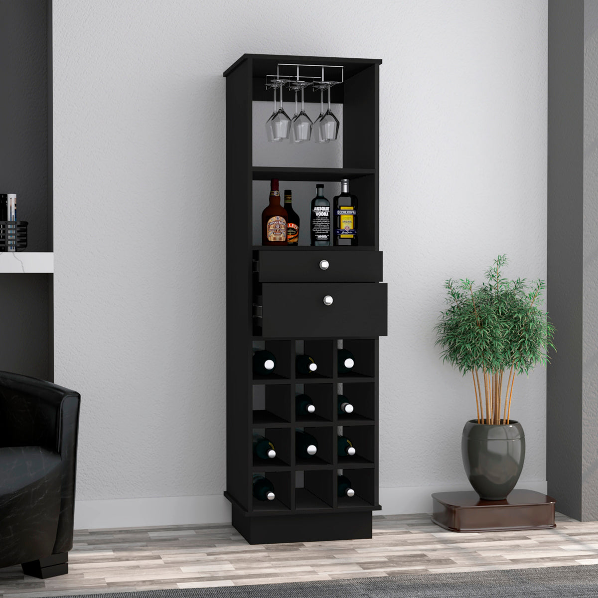 Hype Bar Cabinet, Twelve Built-in Wine Rack, Two Drawers, One Shelf