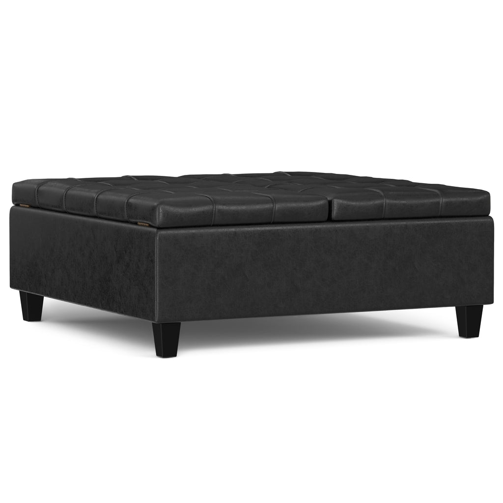 Harrison 40 inch Wide Large Square Coffee Table Storage Ottoman in Distressed Black Vegan Leather