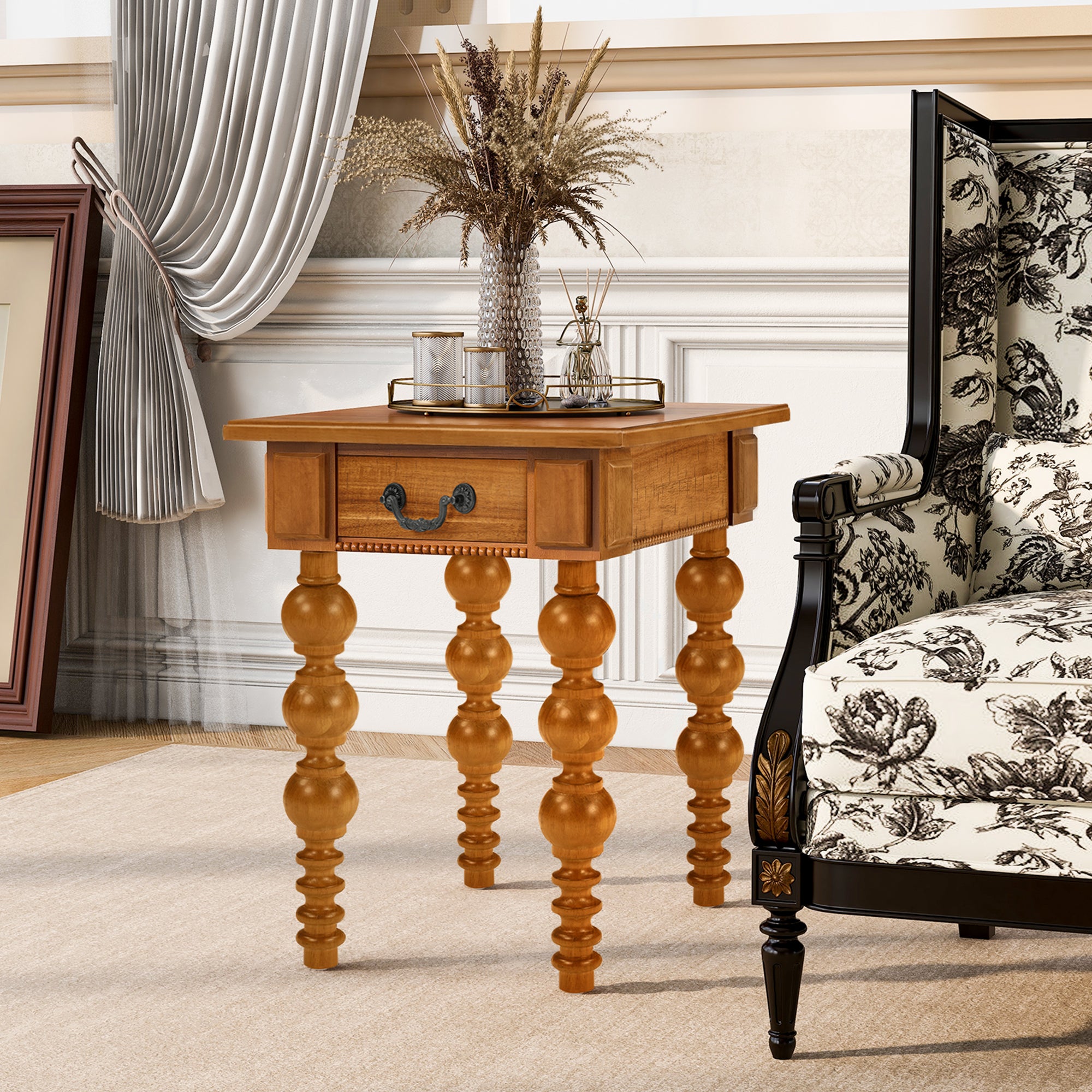 Solid Wood End Table with Drawer, Easy Assembly Vintage Narrow Sofa Side Table for Living Room, Natural