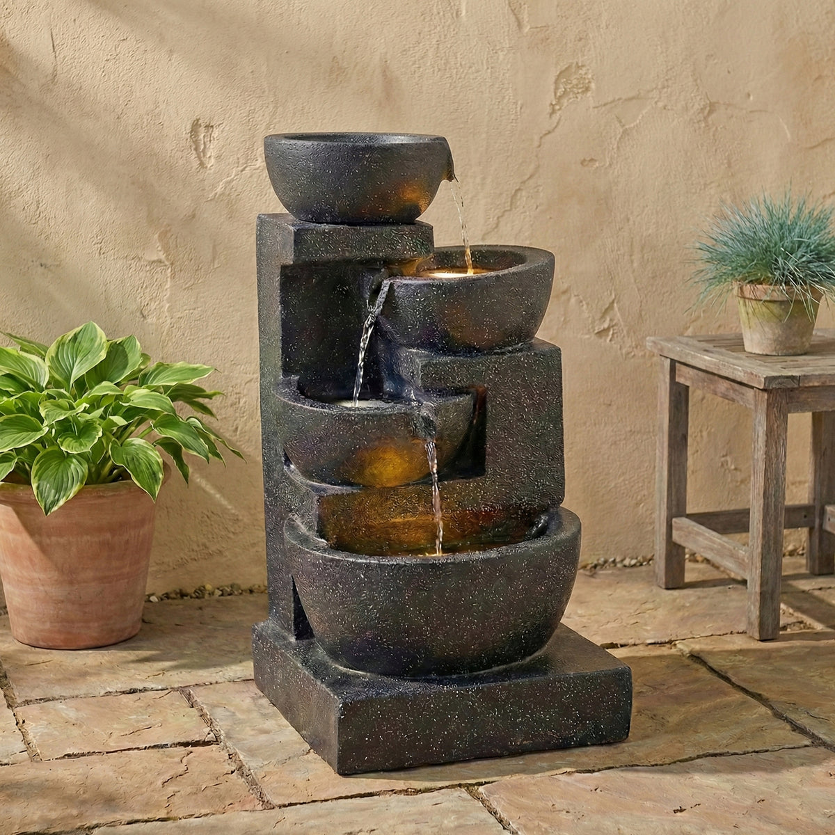 29-Inch Terrazzo Style LED Outdoor Indoor Water Fountain with Cascading Bowls & Stacked Stones – 4-Tier Ideal Waterfalls for Gardens, Patios to Create a Serene Retreat in Outdoor Living Areas