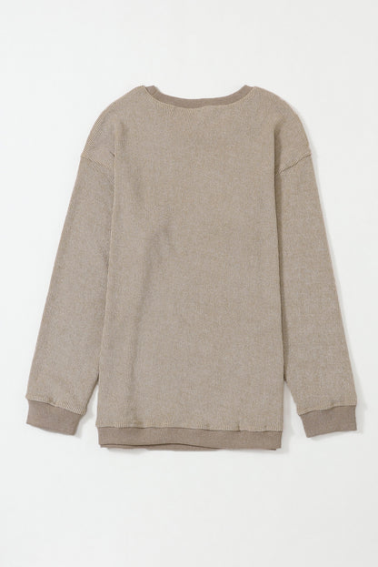 Pink Solid Ribbed Round Neck Pullover Sweatshirt